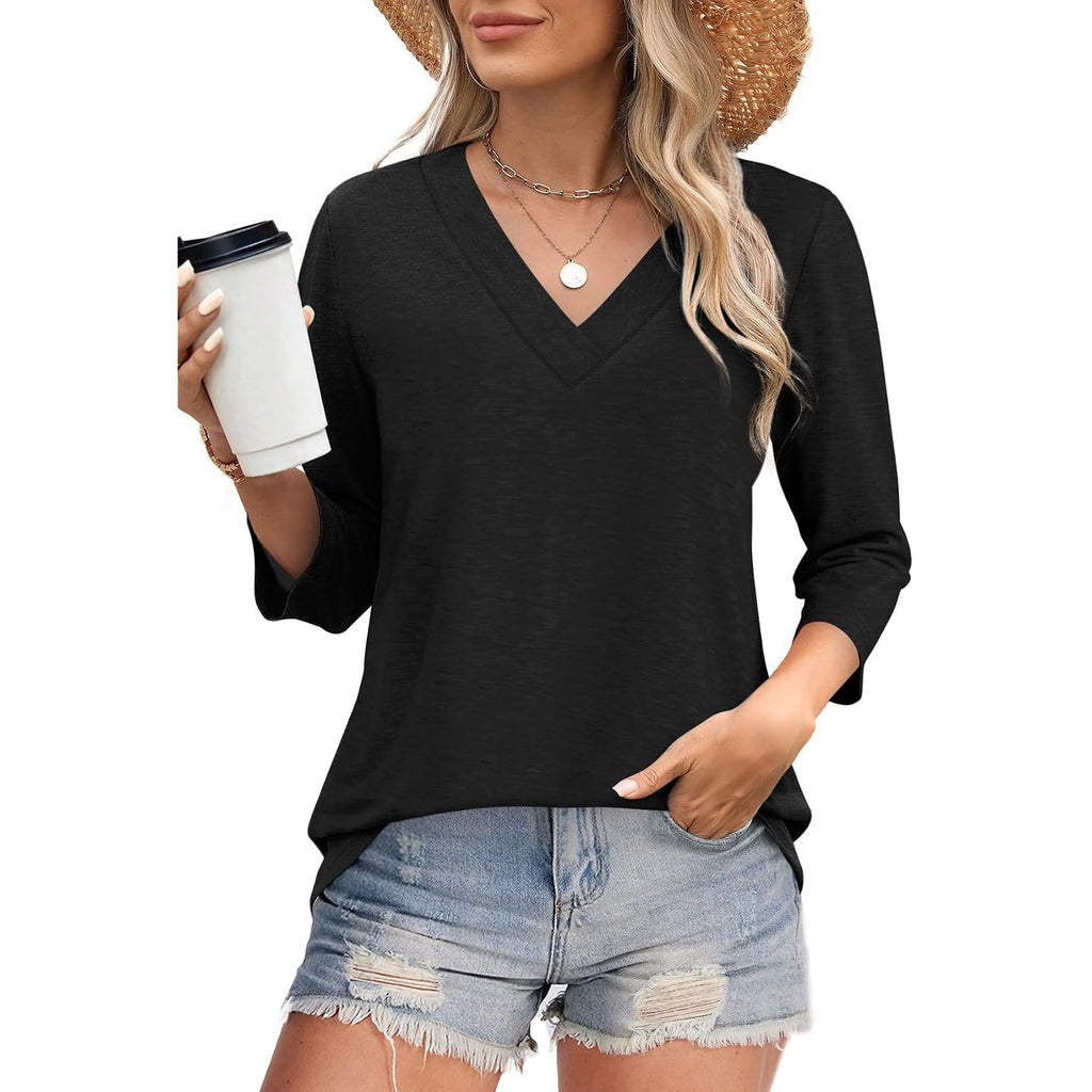 WIHOLL Womens Tops 3/4 Length Sleeve V Neck Casual Tunic Tops Basic Shirts Loose Fit Blouse