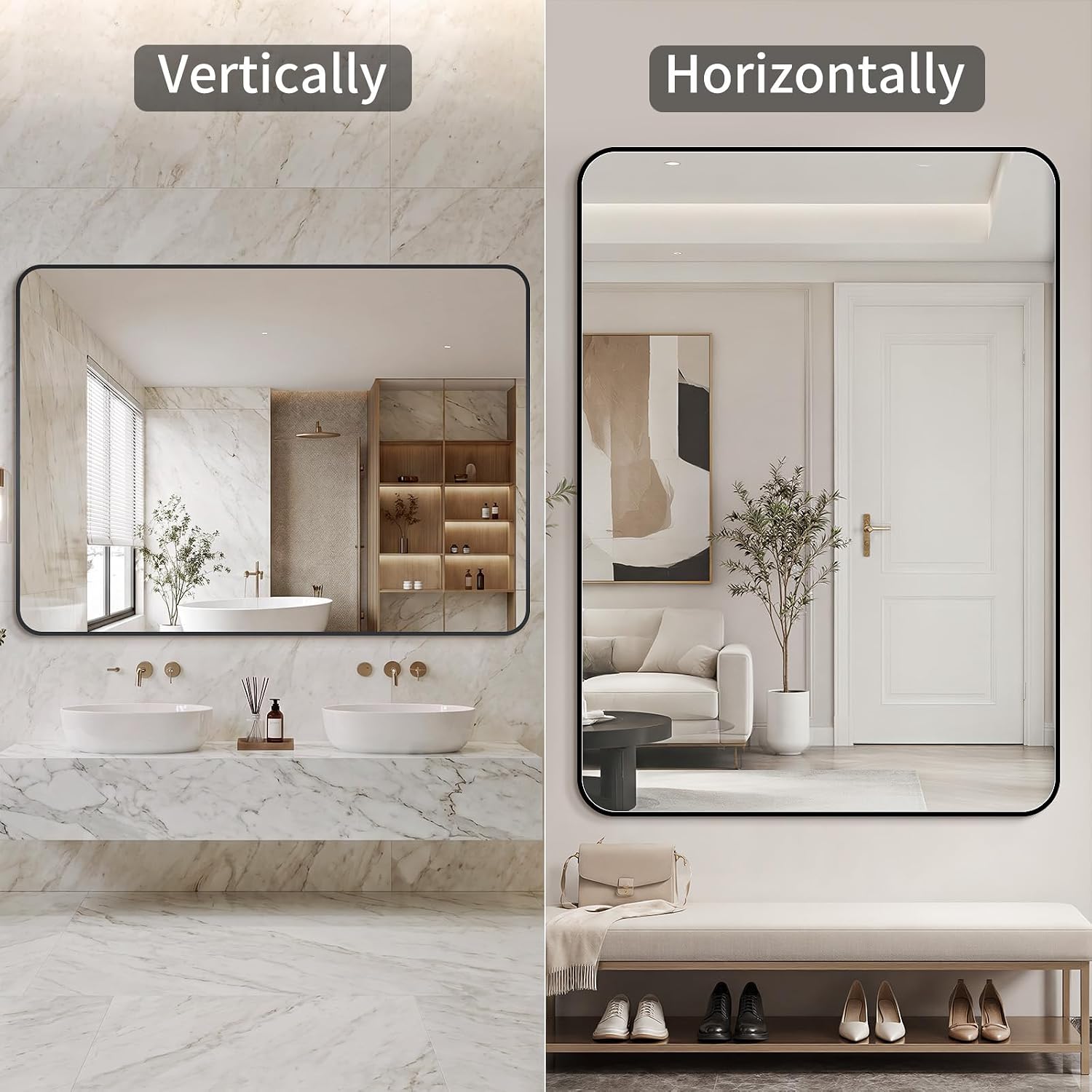 Koonmi Bathroom Mirror, 30X36 Inch Black Metal Framed Mirror For Bathroom, Tempered Glass, Anti-Rust, Rounded Rectangle Mirror For Restroom, Bedroom, Black