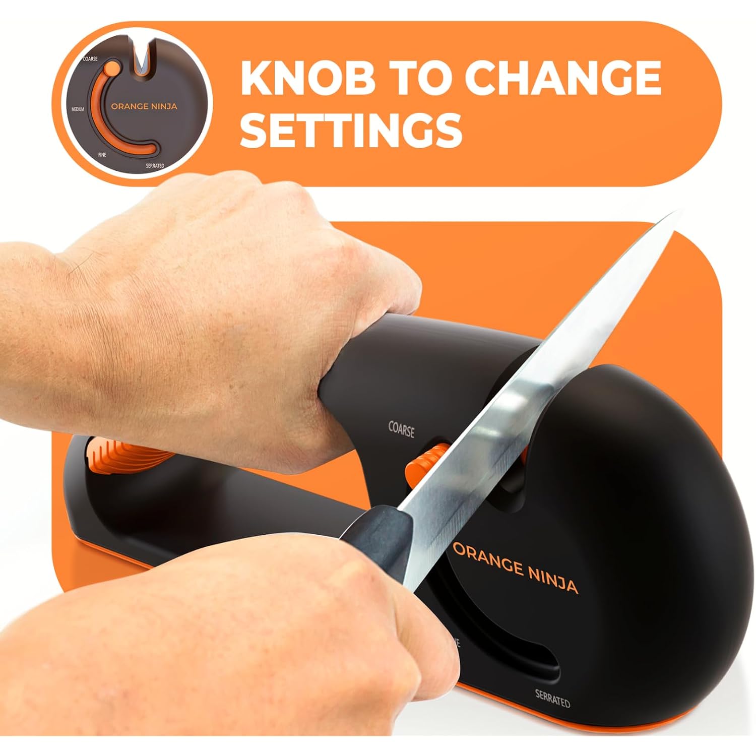 Orange Ninja 4-Stage Knife Sharpener & Serrated Knife Sharpener– Repairs, Sharpens & Polishes Blades With Ergonomic Non-Slip Grip