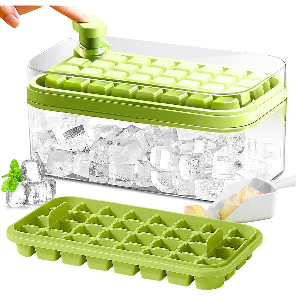 Ice Cube Tray With Lid And Bin, 2 Pack Ice Cube Trays For Freezer, 64 Pcs Ice Cube Mold, Press Button Easy Release Ice Tray, Small Ice Cubes Maker For Drinks(Green)