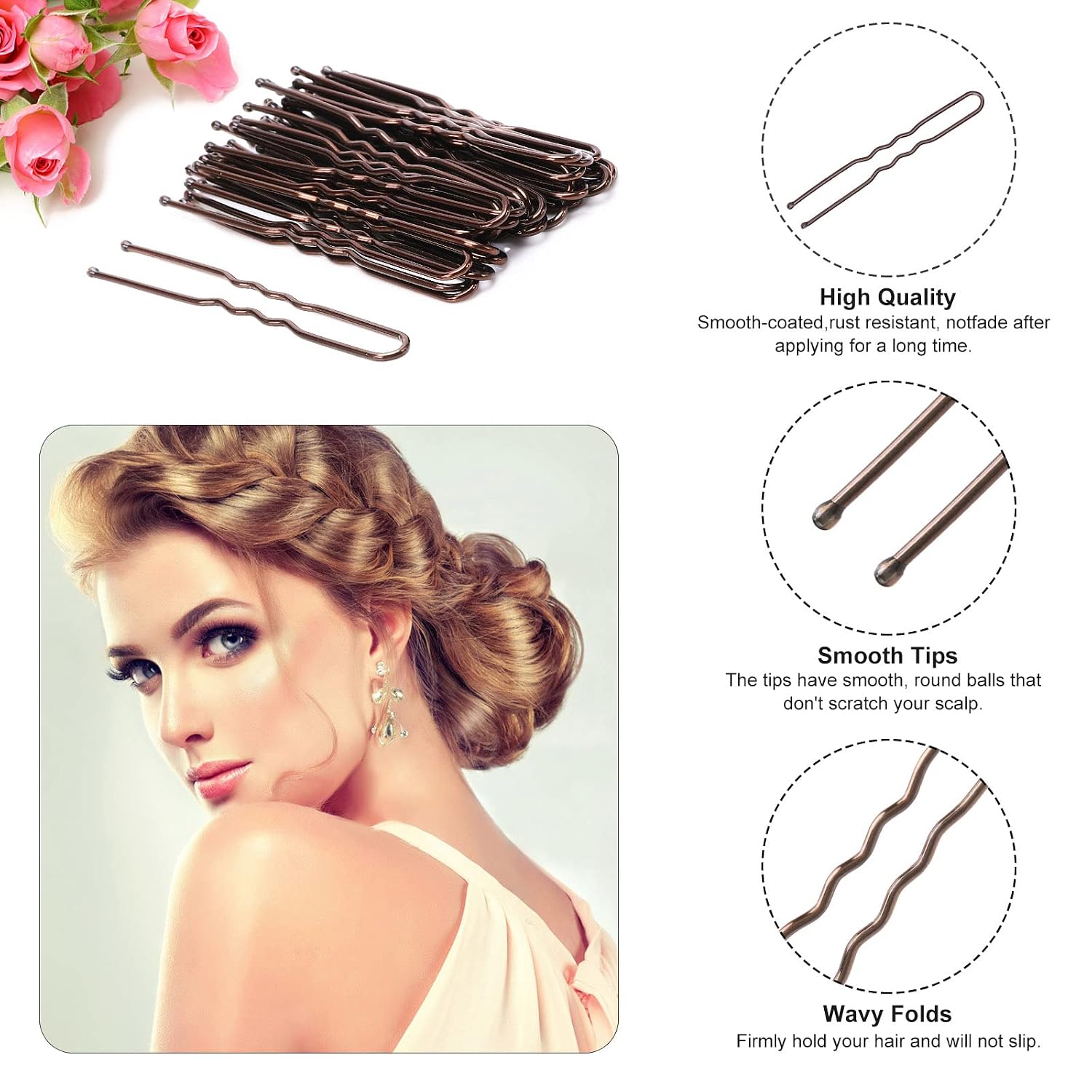 Cehony U Shaped Hair Pins, 200 Count Buns Waved Hair Pins For Updos With Box For Women Lady Girls Bobby Pins French Historical Hair Styling Pins Hair Accessories (Brown, 2.4 Inch)
