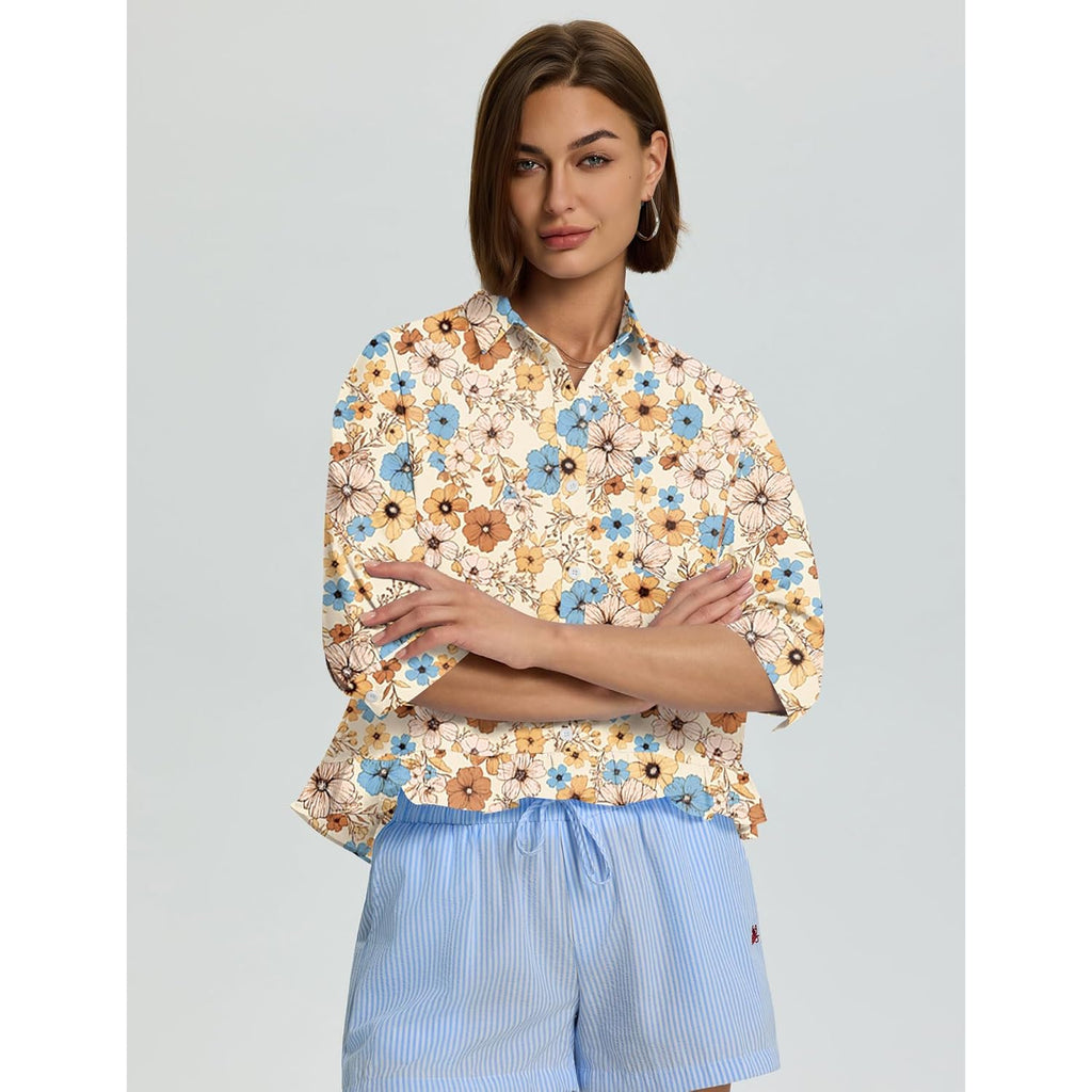 Womens 3/4 Sleeve Button Down Tops Dressy Casual Collared Shirts Blouses Ruffle Babydoll Tops Loose Fit