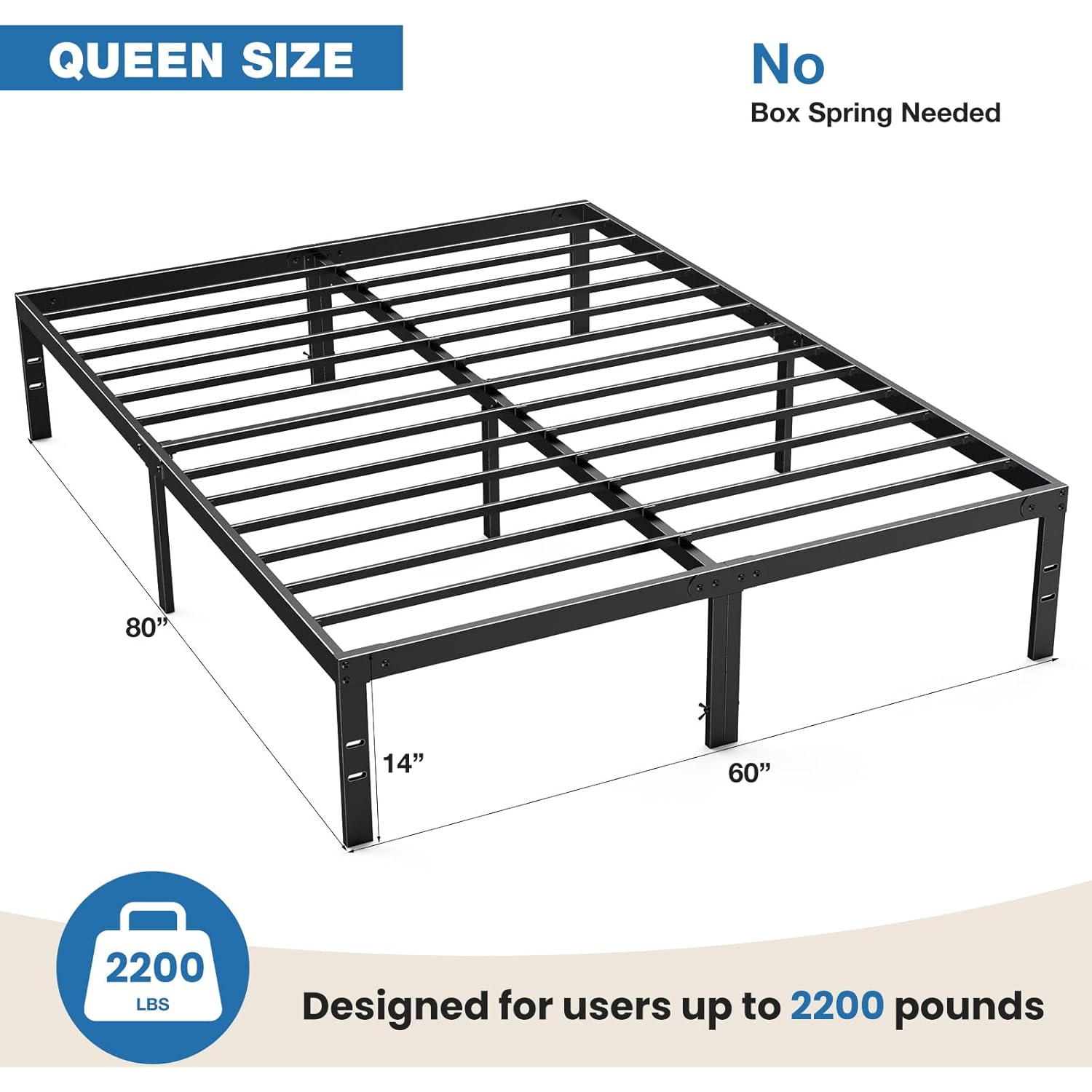 OLIXIS Metal Queen Bed Frame - 14in High with Storage Space, No Box Spring Needed with Sturdy Steel Slat Support, 2200LBS Heavy Duty for Easy Assembly, Black for Bedroom