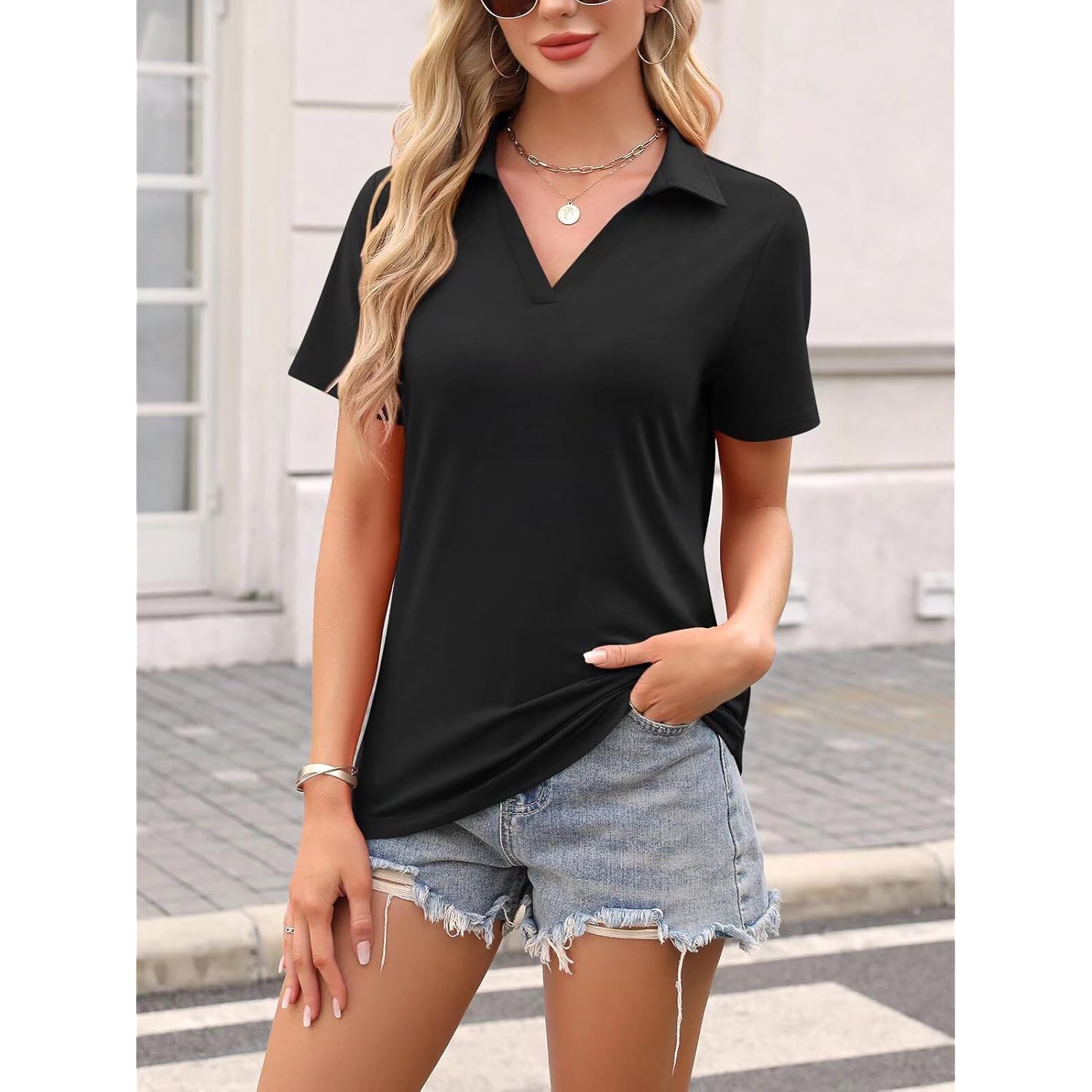 Women's Short Sleeve V Neck Polo Shirts Summer Collared Tops Casual Loose Tees Tops