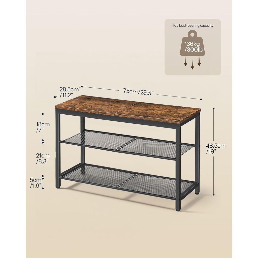 Hoobro Shoe Bench, 3-Tier Shoe Rack, Industrial Shoe Organizer Storage Bench, 29.5 Inches Entry Bench With Mesh Shelves, For Entryway, Living Room, Hallway, Easy Assembly, Rustic Brown Bf75Hx01