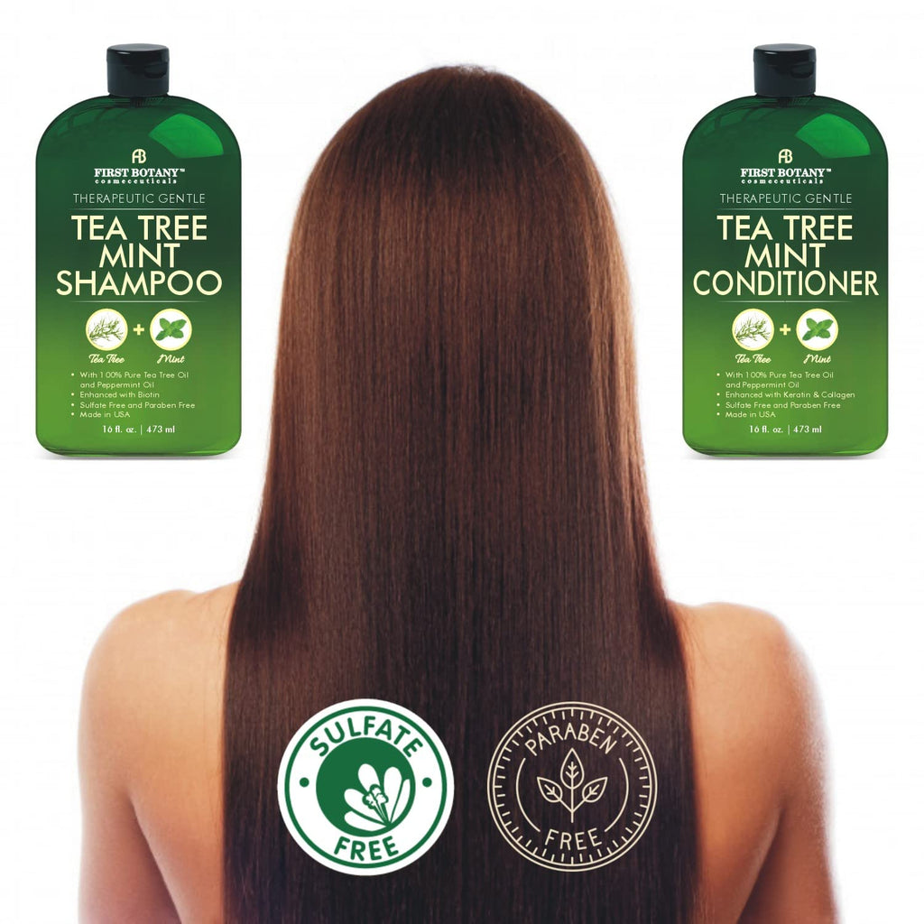First Botany Tea Tree Mint Shampoo & Conditioner For Men & Women - Pure Tea Tree & Peppermint Oil - Fights Hair Loss, Dandruff, Lice & Itchy Scalp, Promotes Hair Growth - Sulfate Free - 16 Fl Oz X 2