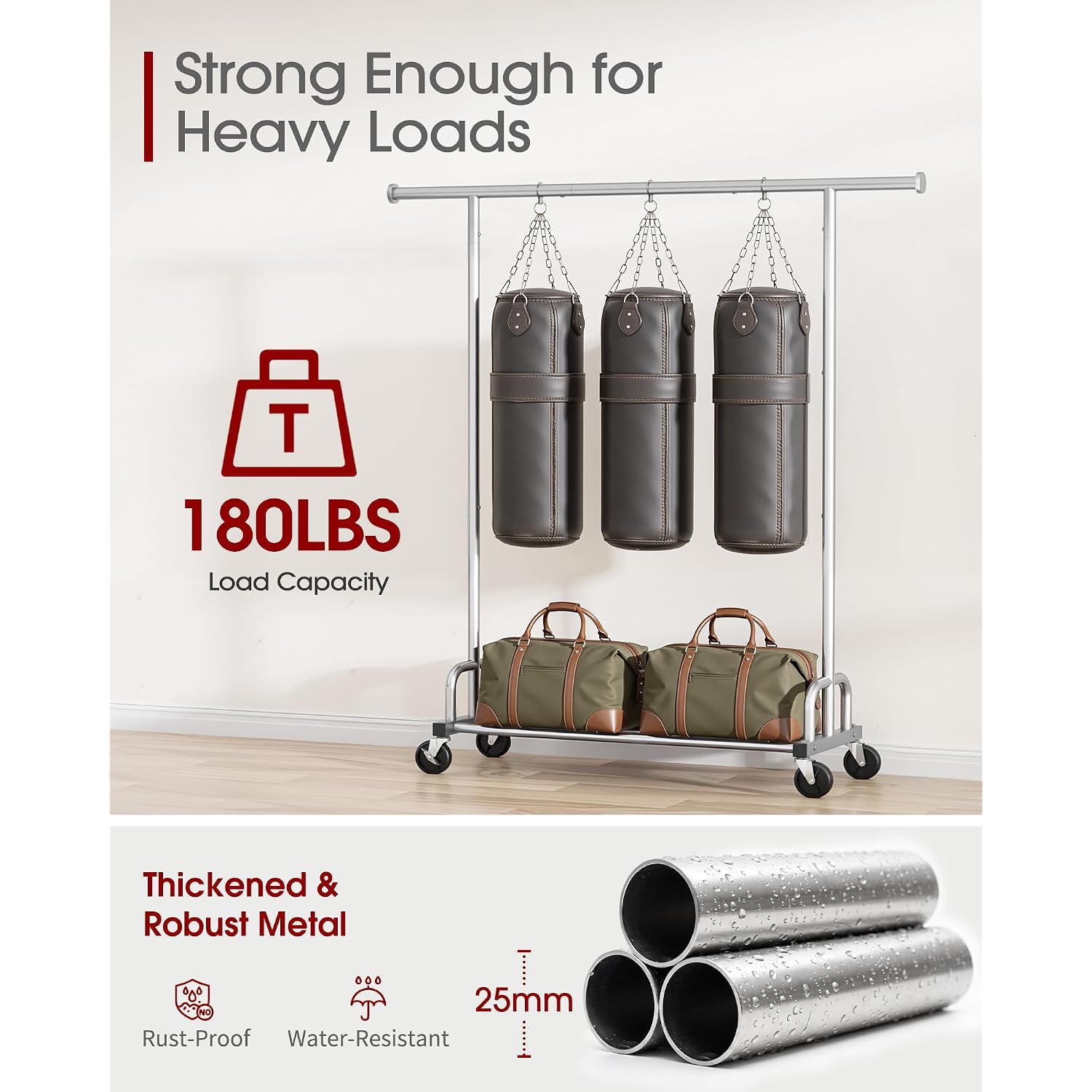 Clothes Rack - Large-Capacity Clothing Racks For Hanging Clothes With Lockable Wheels, Space-Saving Metal Coat Rack For Bedroom, Laundry Room, Entryway, 45.6" X 16.9" X 59", Silver