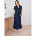 Anrabess Womens Summer Casual Polo V Neck Dresses | Short Sleeve Split Tshirt Maxi Dress With Pockets, Soft Wrinkle-Free Loose Fit, Beach Vacation Travel Outfit, Summer Clothes