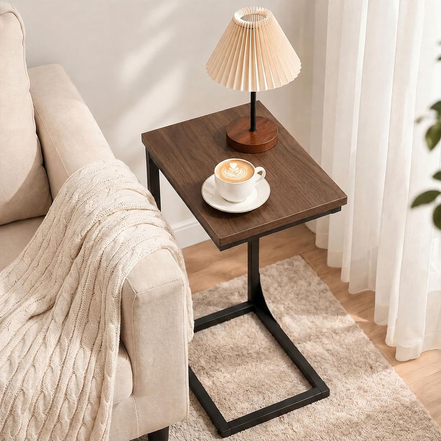 Temi C Shaped End Table For Couch - Small Side Table And Tv Tray For Eating Or Laptop, Accent Desk For Chair Or Sofa, Easy Assembly, Space-Saving Design For Living Room Or Bedroom,Rustic Walnut