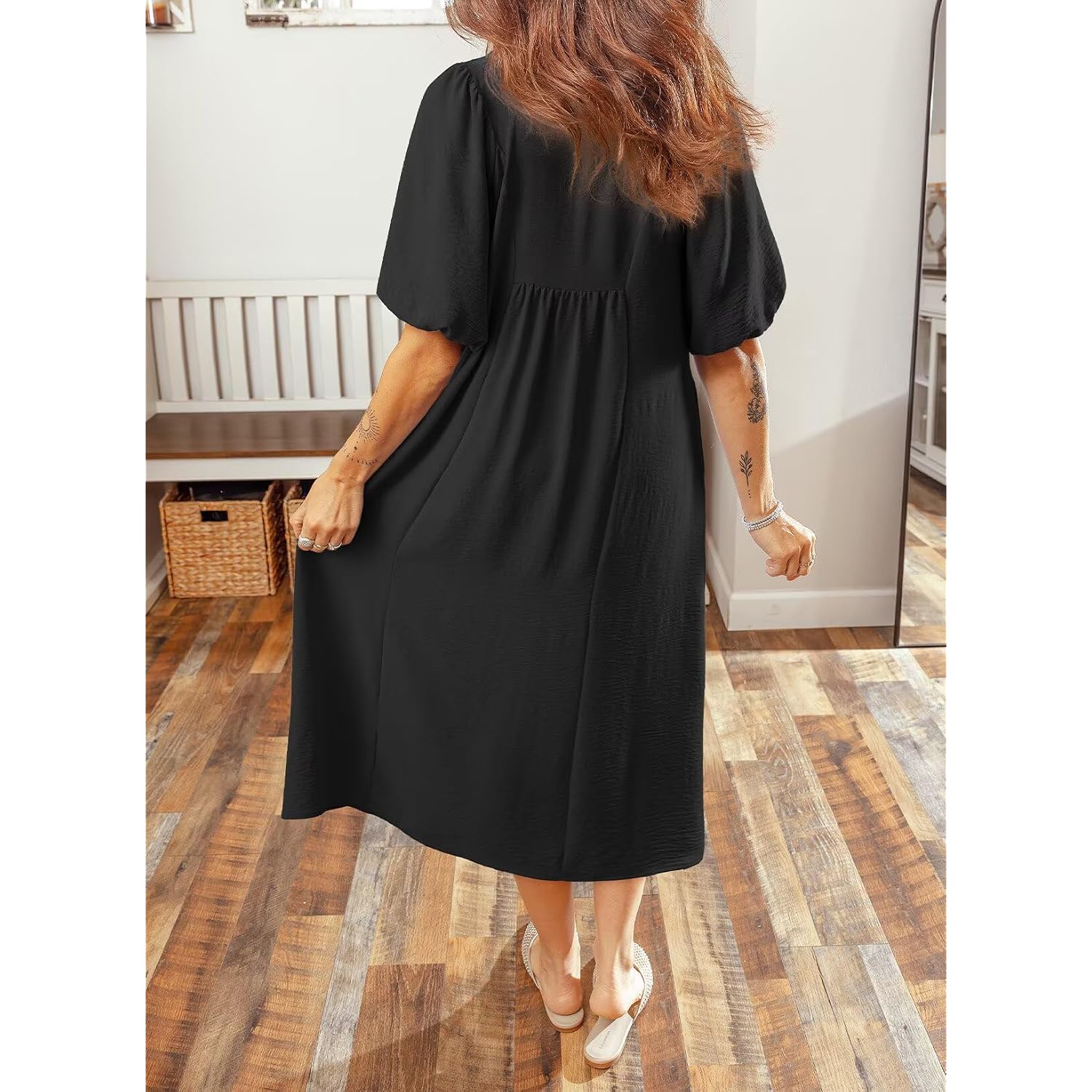 Dokotoo Summer Dresses For Women 2026 Casual Dresses V Neck Puff Sleeve Empire Waist A-Line Maxi Dress