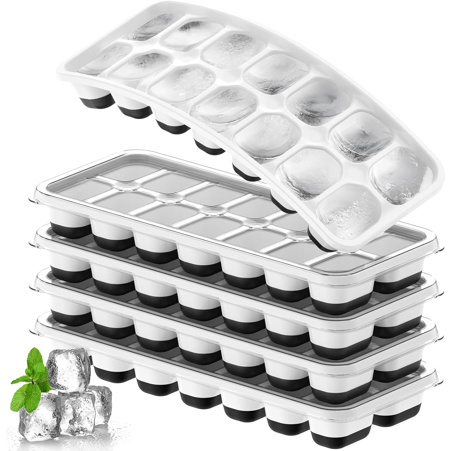 Ice Cube Tray 5 Pack, Stackable Silicone Ice Cube Trays With Lid– Easy Release Reusable Ice Tray, Bpa-Free Rectangular Ice Cube Mold Set For Cocktails, Coffee, Whiskey & Drinks- Black