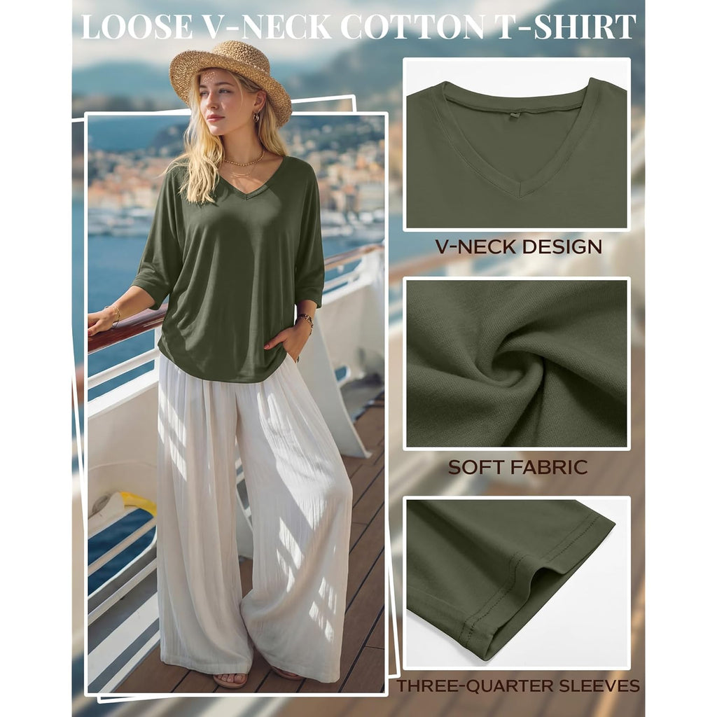 3 Pack Oversized 3/4 Length Sleeve Tops for Women Dressy Casual V Neck Basic Tees Loose Fit Cotton T Shirts