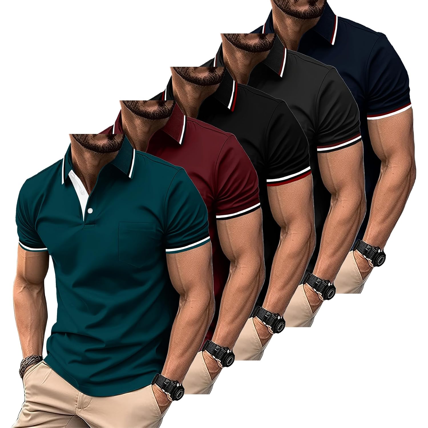Swisswell 5 Pack Mens Polo Shirts Short Sleeve With Pocket Performance Golf Polos For Men Casual Collared Athletic T-Shirt