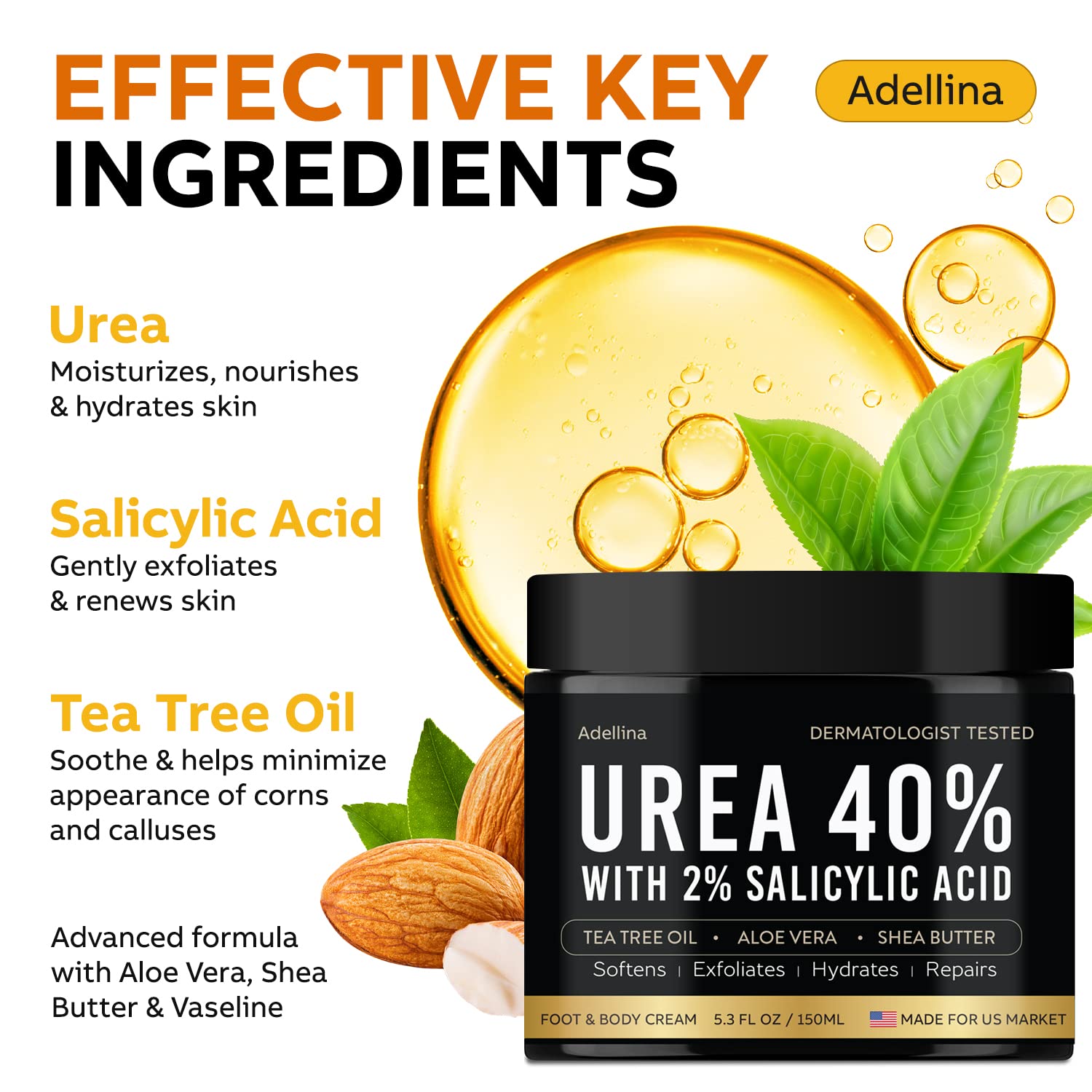 Adellina Urea Cream 40 Percent for Feet Maximum Strength, Urea Foot Cream for Dry Cracked Heels Feet Knees Elbows, 40% Urea Foot Repair Lotion 5.3 OZ