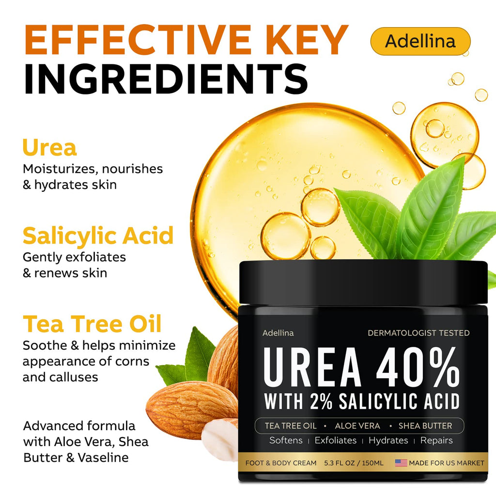 Adellina Urea Cream 40 Percent for Feet Maximum Strength, Urea Foot Cream for Dry Cracked Heels Feet Knees Elbows, 40% Urea Foot Repair Lotion 5.3 OZ