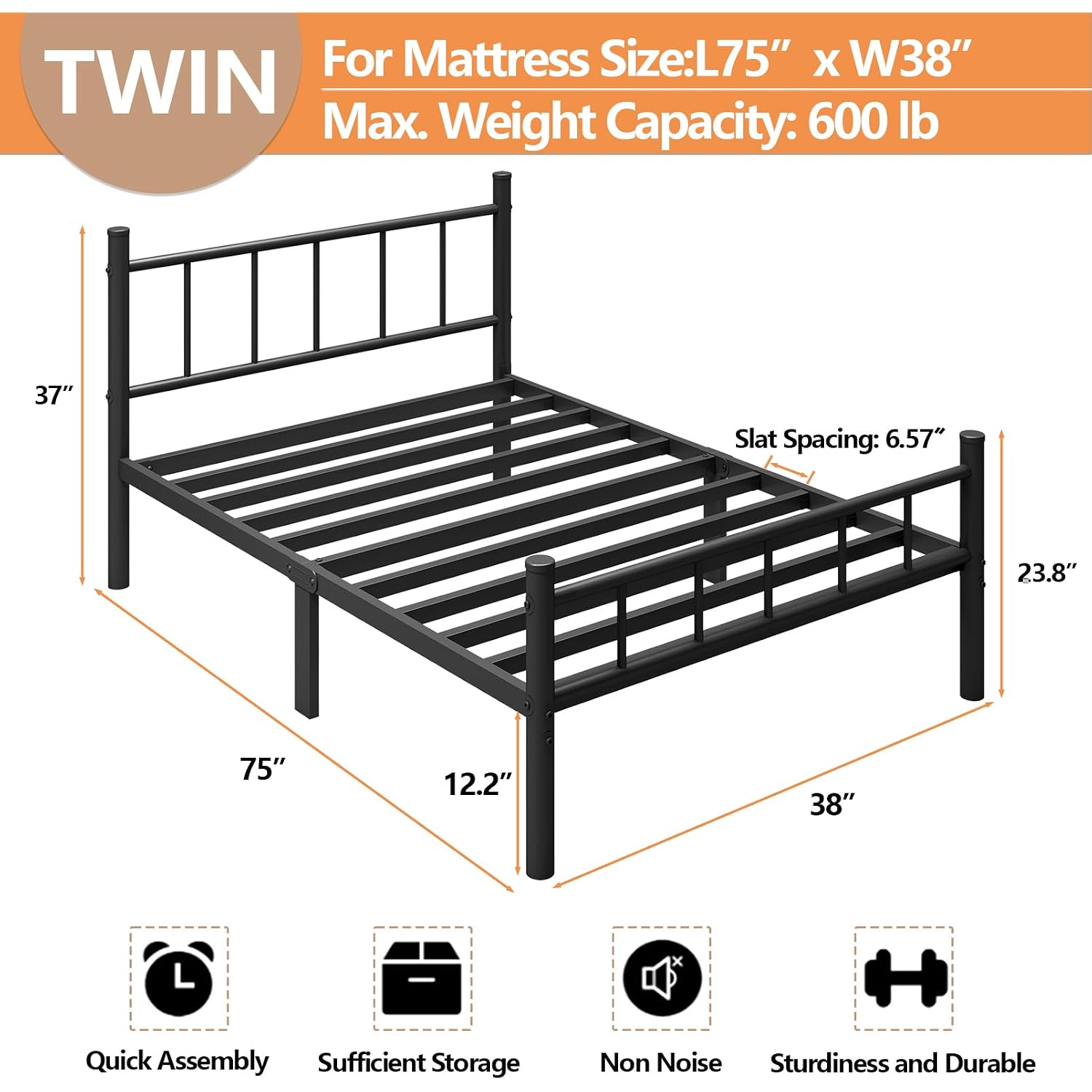 Zizin Twin Size Metal Bed Frame With Headboard & Footboard 14 Inch Metal Platform Mattress Foundation Support With Steel Slat, Under Bed Storage, No Box Spring Needed