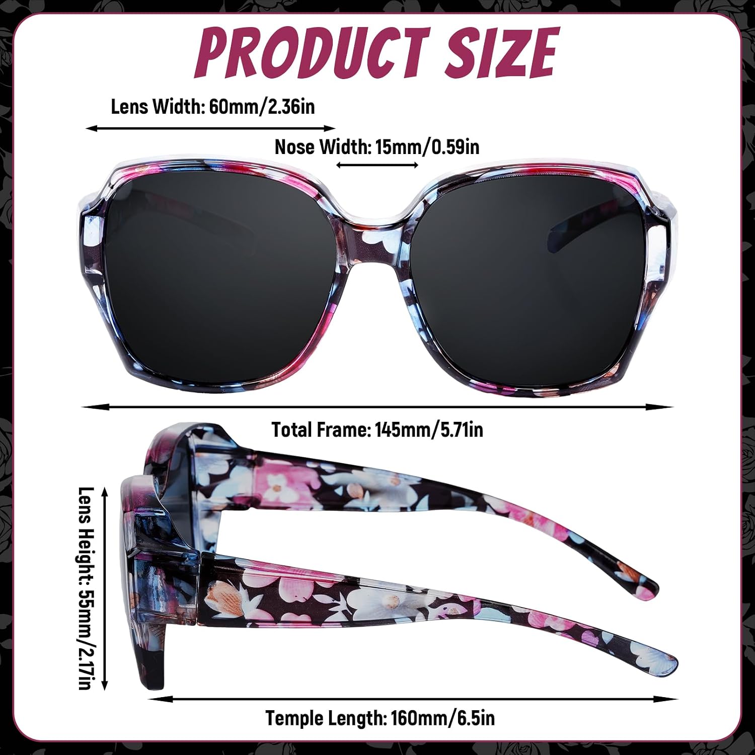 HOVEOX Polarized Fit Over Glasses Sunglasses for Women Prescription Sunglasses to Go Over Glasses UV400 Protection Black Floral-01