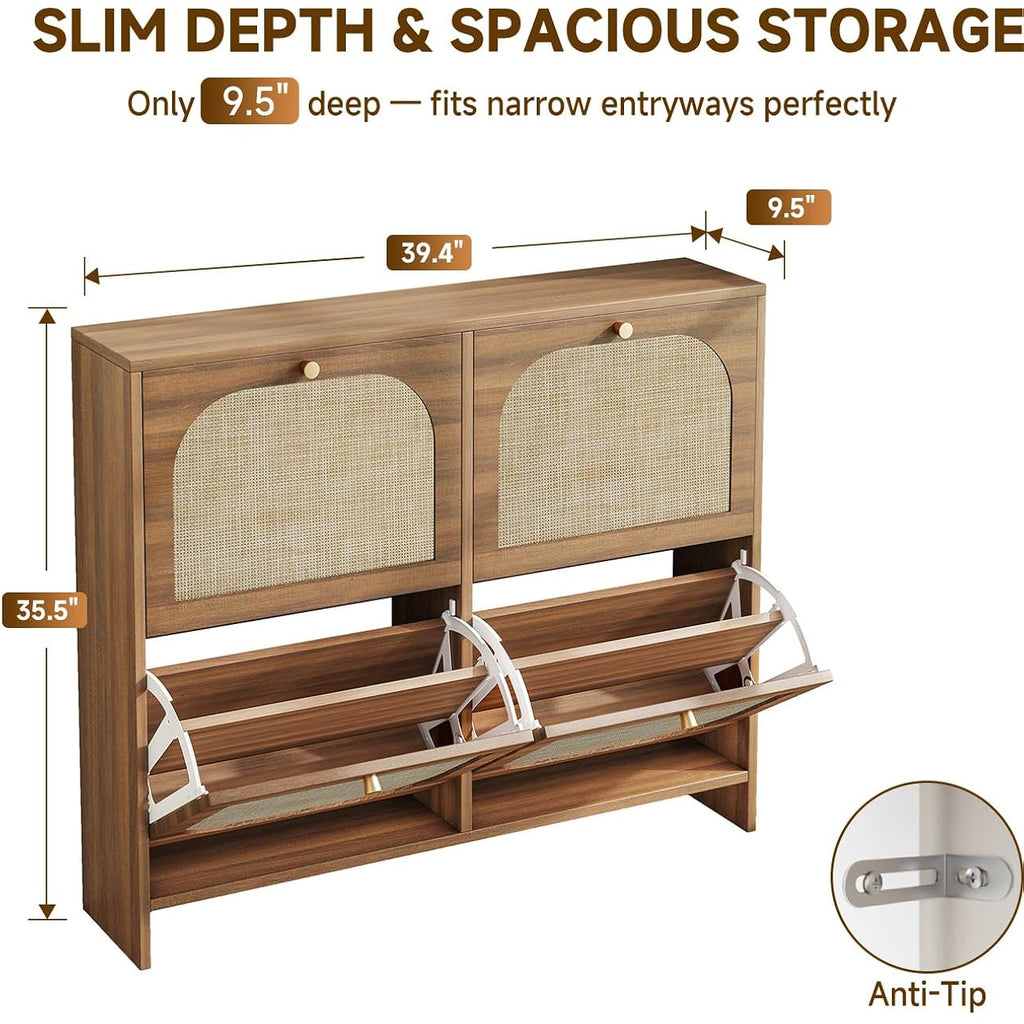 Freestanding Ultra Slim Arched Rattan Accent Shoe Storage Cabinet For Entryway - 4 Flip Drawers & 3-Tier Adjustable Shelves, Farmhouse Modern Rustic Shoe Rack For Hallway, Foyer Oak