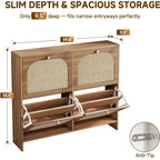 Freestanding Ultra Slim Arched Rattan Accent Shoe Storage Cabinet For Entryway - 4 Flip Drawers & 3-Tier Adjustable Shelves, Farmhouse Modern Rustic Shoe Rack For Hallway, Foyer Oak