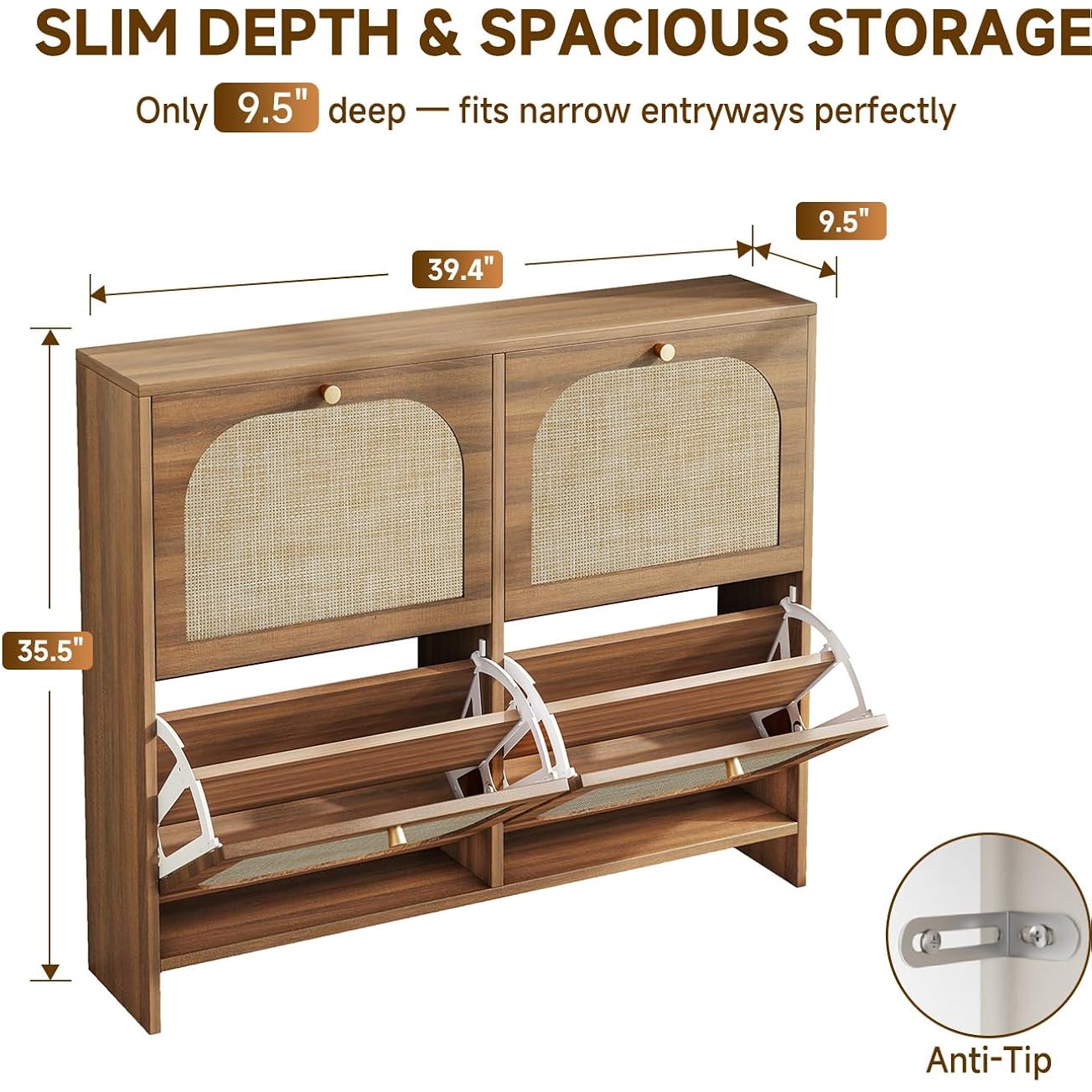 Freestanding Ultra Slim Arched Rattan Accent Shoe Storage Cabinet For Entryway - 4 Flip Drawers & 3-Tier Adjustable Shelves, Farmhouse Modern Rustic Shoe Rack For Hallway, Foyer Oak