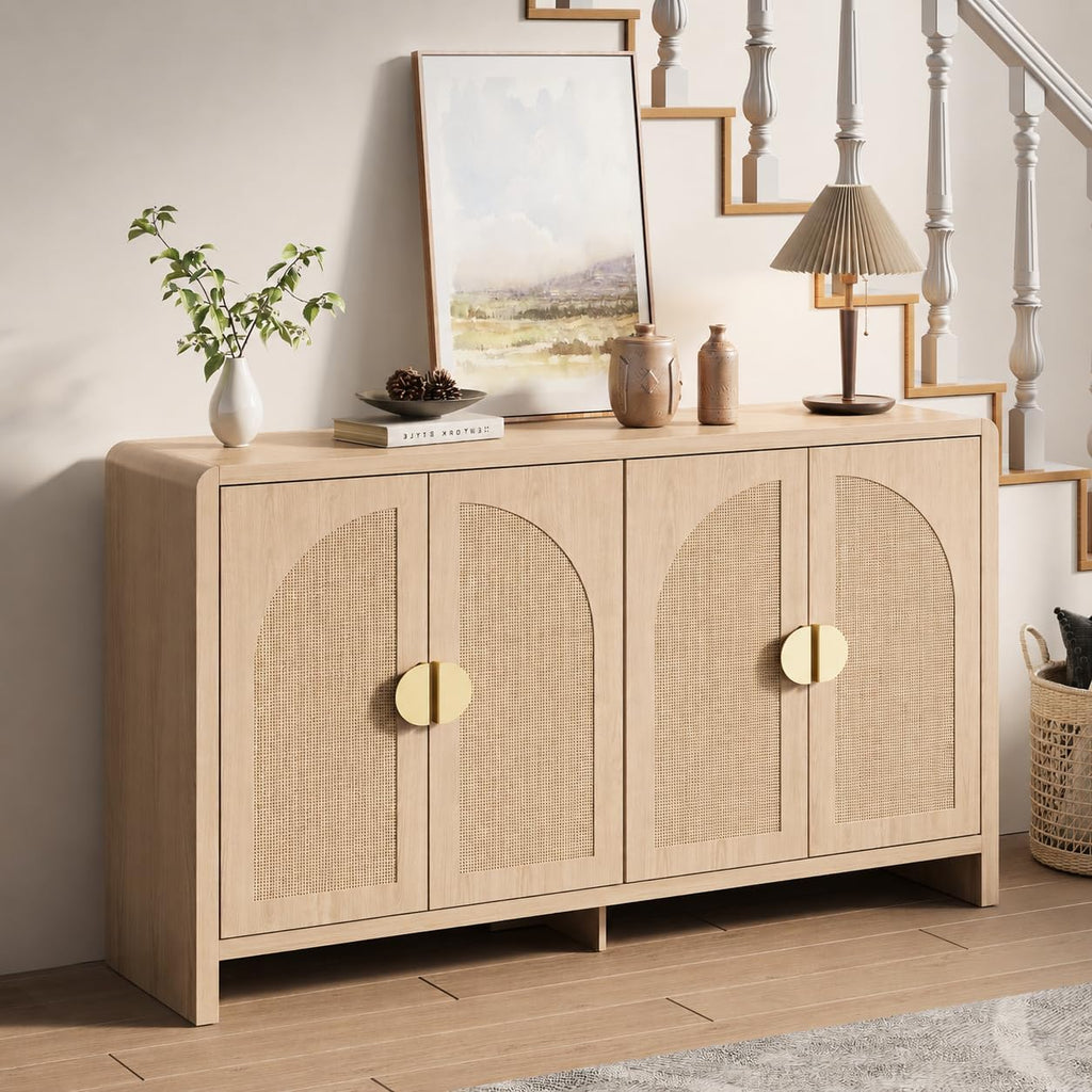 Rattan Sideboard Buffet Cabinet With Storage, 55" Accent Cabinet With Arch Doors & Adjustable Shelves, Boho Credenza Coffee Bar Console Table For Dining Room, Living Room, Entryway, Kitchen