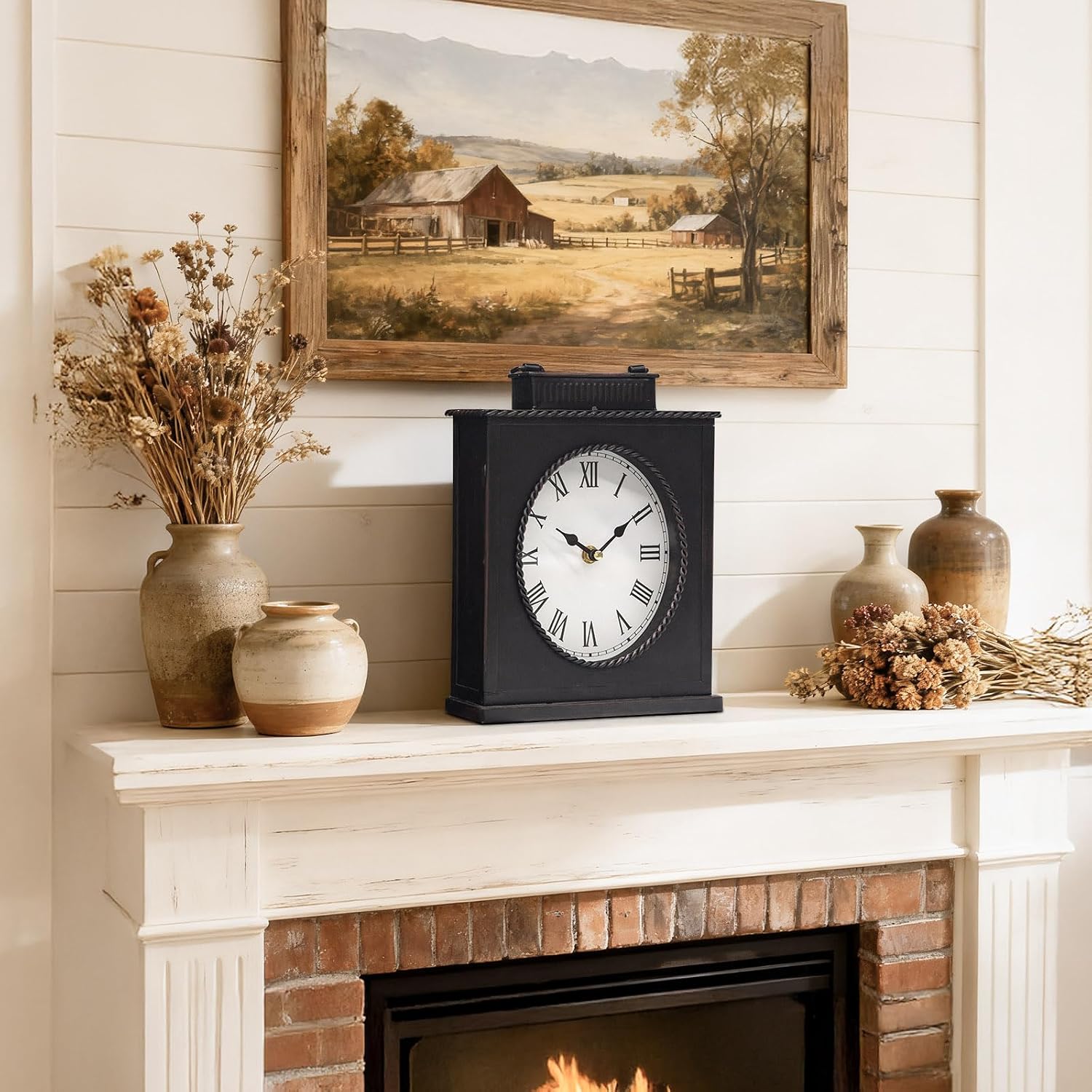 Vintage Mantel Clock, Large Rustic Distressed Metal Table Clock With Handle, Silent Non-Ticking Quartz Movement, Antique Brown Fireplace Shelf Desk Clock For Living Room Bedroom Office