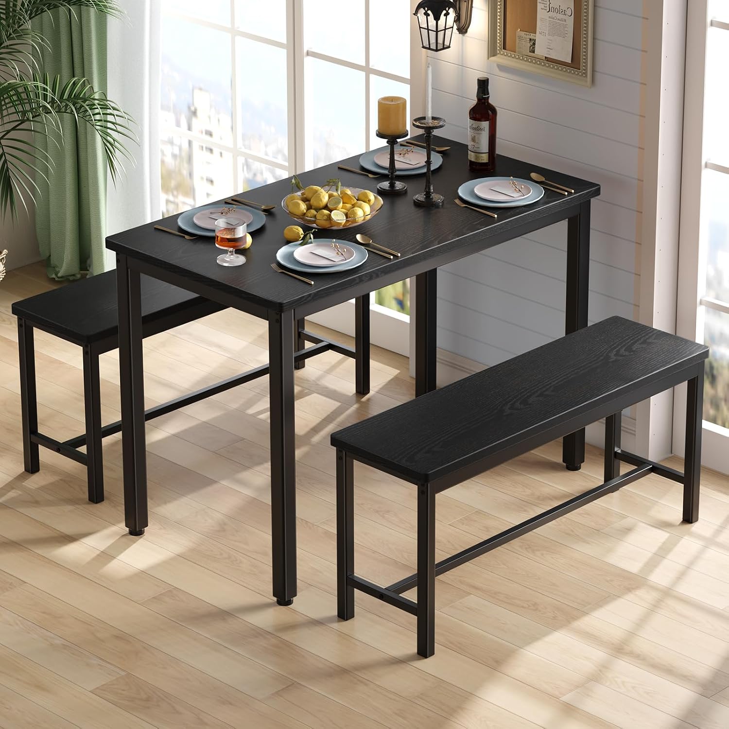 Tatub Dining Table Set For 4, 3-Piece Kitchen Table With 2 Benches, Space-Saving Dining Room Set For Breakfast Nook And Small Spaces, Black