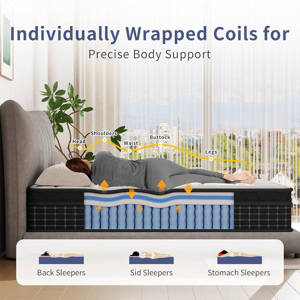 Queen Mattress, 12 Inch Queen Size Mattresses In A Box, Individually Wrapped Pocket Coils For Isolate Motion,Pressure Relief, Certipur-Us Certified, Support Comfort & Medium Firm