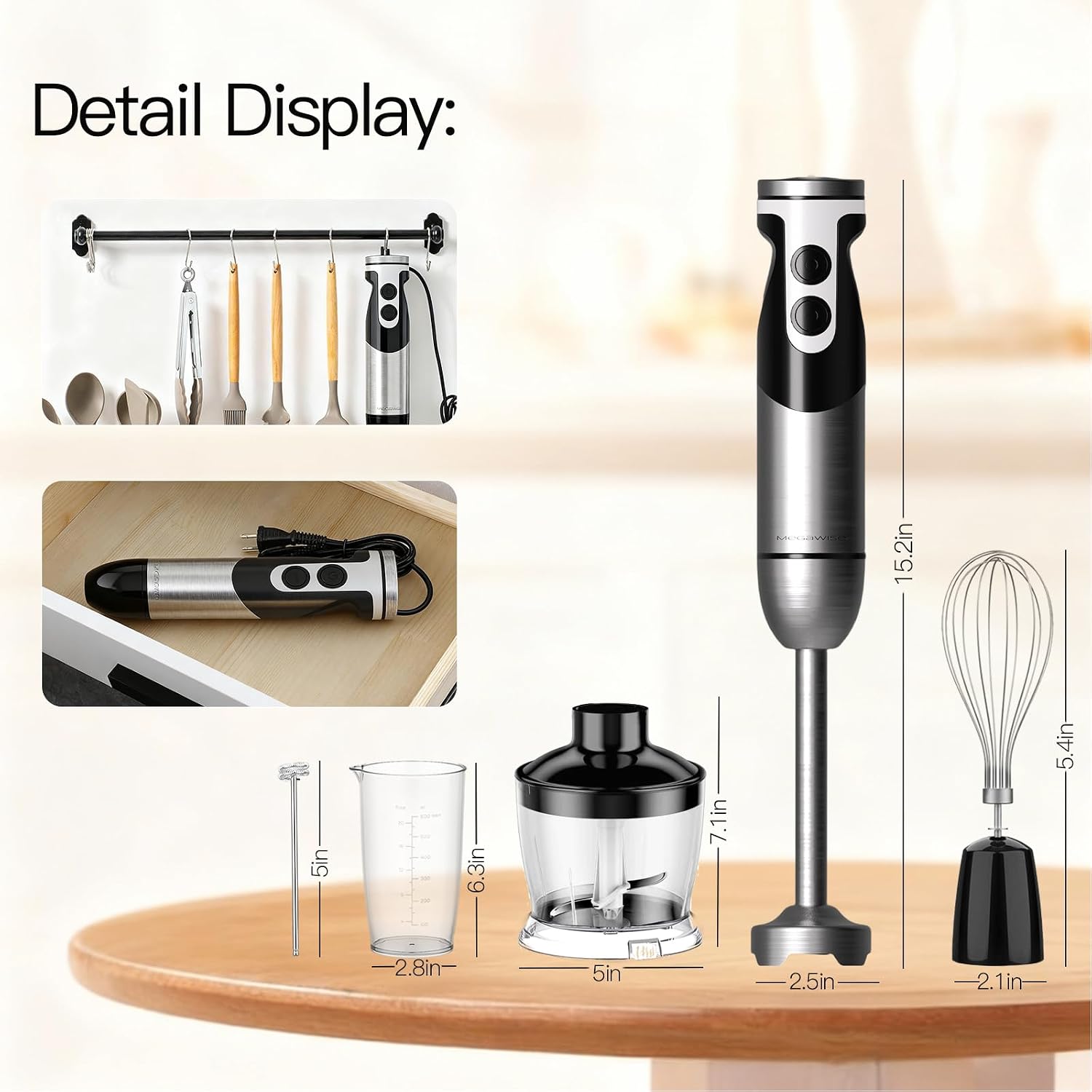Megawise Pro Titanium Reinforced 5-In-1 Immersion Hand Blender, Powerful Motor With 80% Sharper Blades, 12-Speed Corded Blender, Including 500Ml Chopper, 600Ml Beaker, Whisk And Milk Frother (Black)