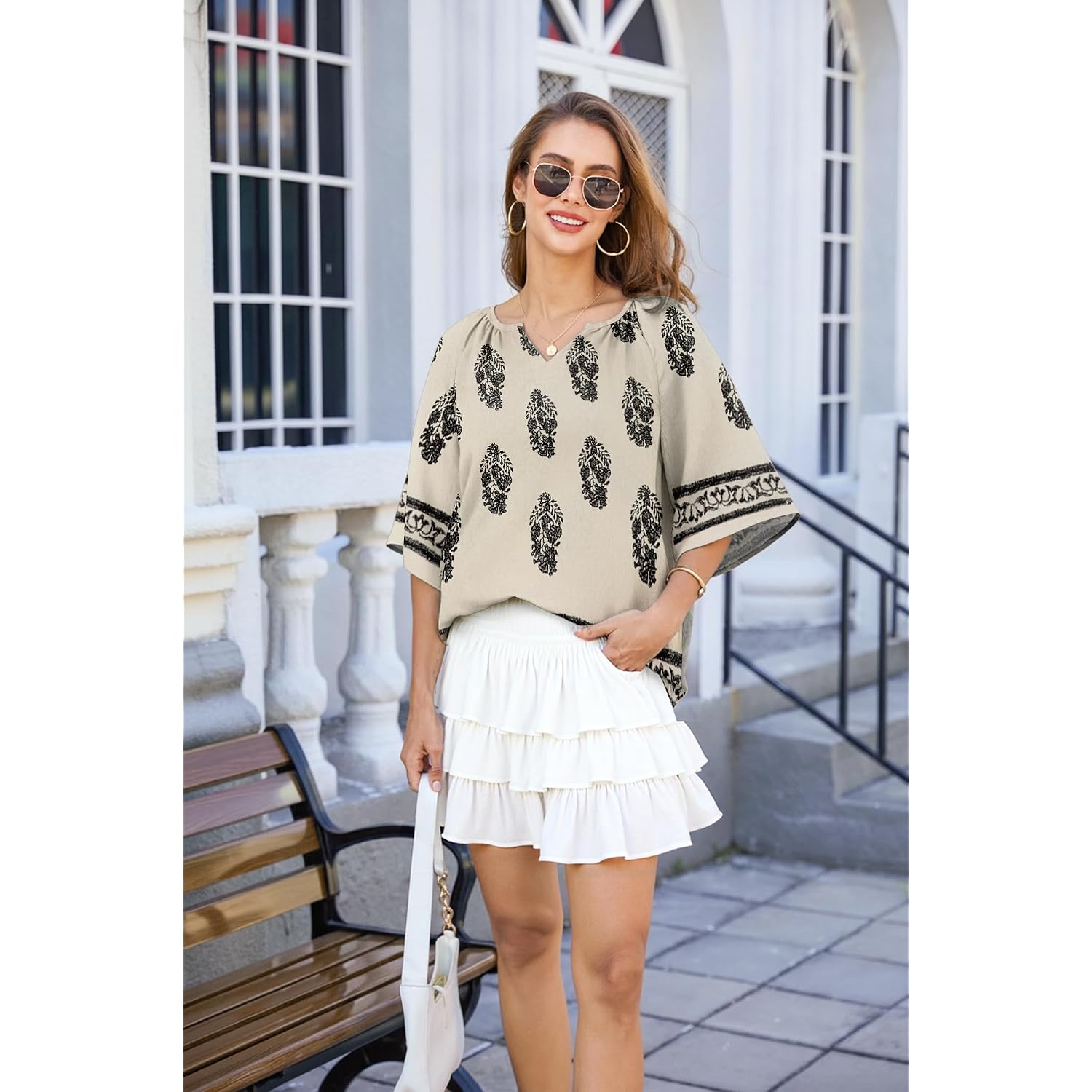 GUNEST Boho Tops for Women V Neck 3/4 Sleeve Lightweight Blouses Trendy Loose Fit Bohemian Dressy Casual Peasant Tunic Blouse