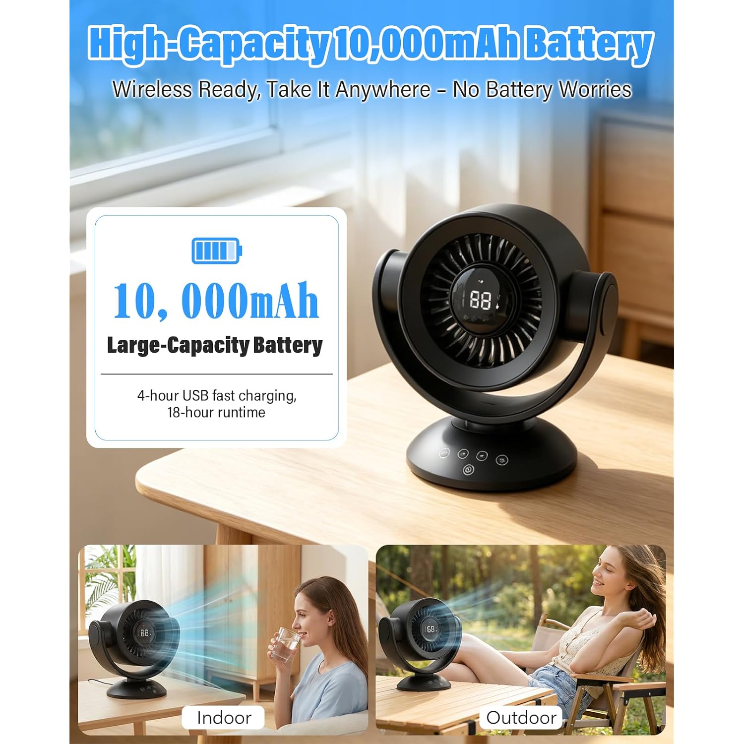 Fan For Bedroom,Desk Fans,Air Circulator Fan With Remote, 90°Vertical +120°Auto Oscillating,100 Speeds, 10H Timer, 25Db Quiet Fan,Digital Display Rechargeable Usb, For Home Office Travel（Black）