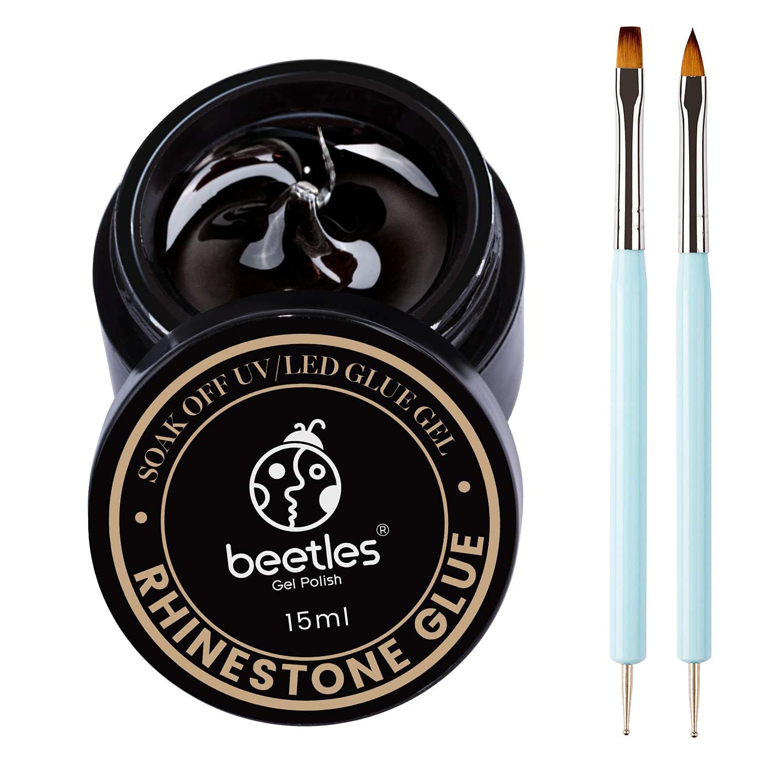 Beetles Rhinestone Glue for Nails with 2 Dual Purpose Brush Pen, 1Pcs 15ml Nail Glue for Nail Art Adhesive Resin Gems Diamonds Jewelry Decoration Soak Off Led Lamp Nails Gifts for Women