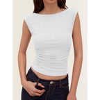Tank Tops for Women 2026 Summer Going Out Crop Top Sleeveless Boat Neck Rib Tight Ruched Tee Shirts Vacation Clothes