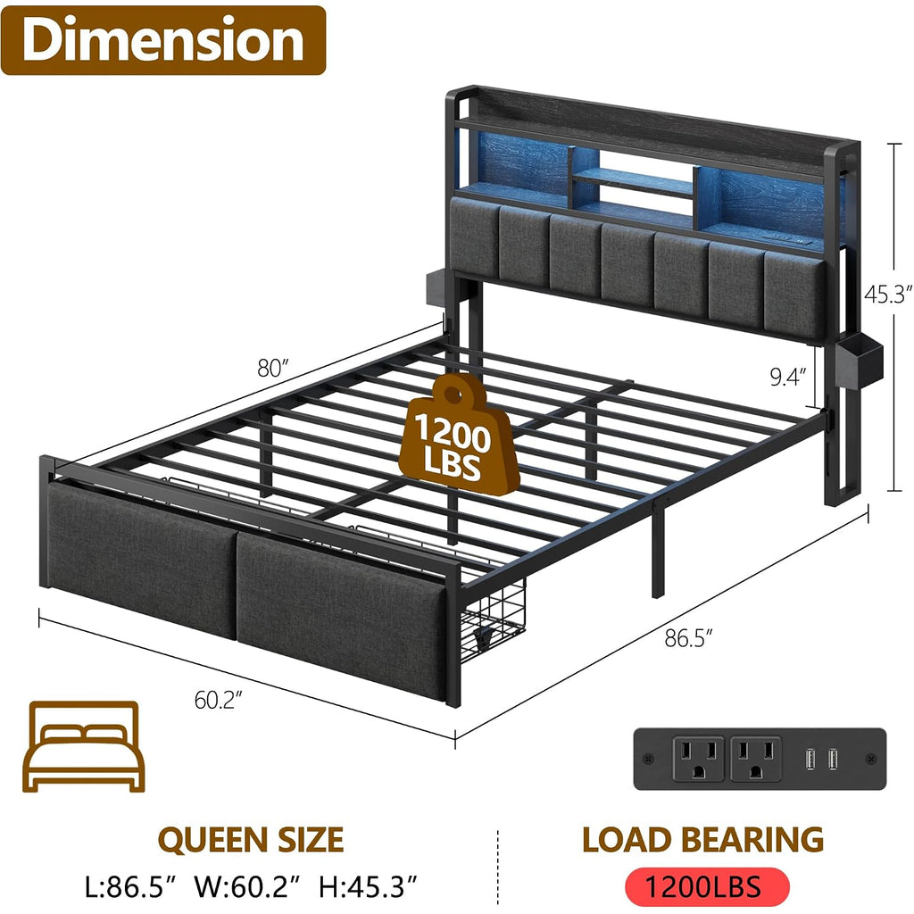 Queen Bed Frame With Storage Drawers, Upholstered Headboard With Led Light & Charging Station, Metal Platform Bed Frame Queen Size, Noise Free, No Box Spring Needed, Black (1200 Lbs Capacity)