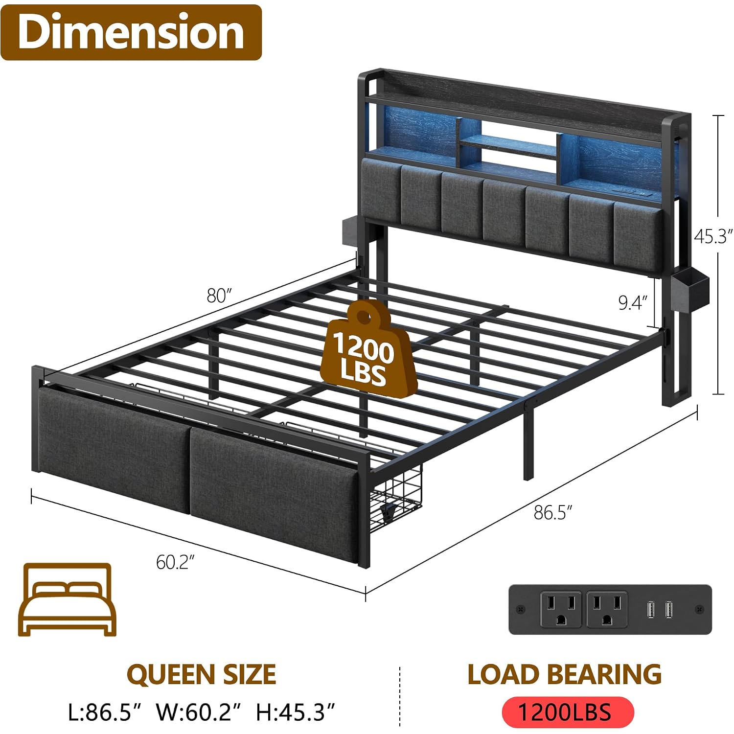 Queen Bed Frame With Storage Drawers, Upholstered Headboard With Led Light & Charging Station, Metal Platform Bed Frame Queen Size, Noise Free, No Box Spring Needed, Black (1200 Lbs Capacity)