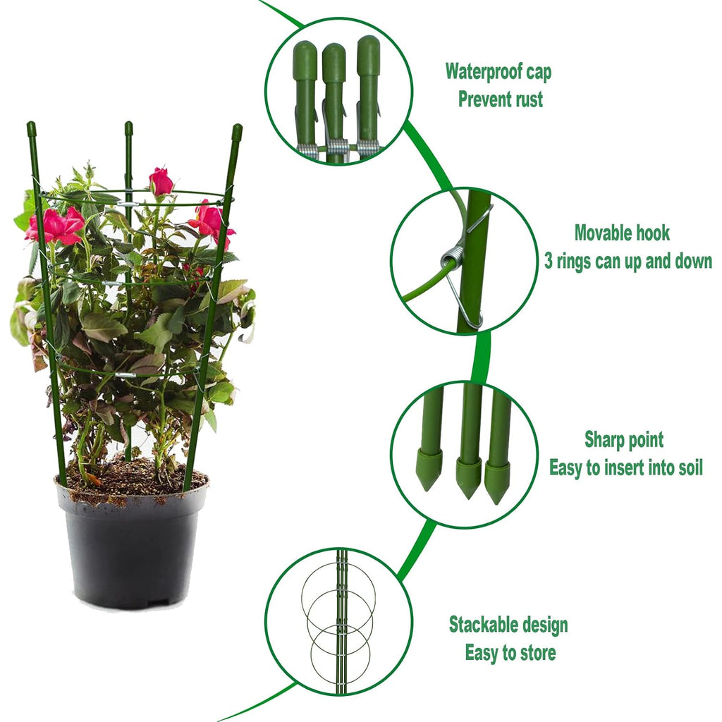 18" Small Plant Support Tomato Cages, 4 Pack Adjustable Garden Trellis For Indoor Outdoor Climbing Plants, Peony Flower Stakes With 66Ft Garden Twist Ties, Green Metal Plant Cages For Pots & Garden