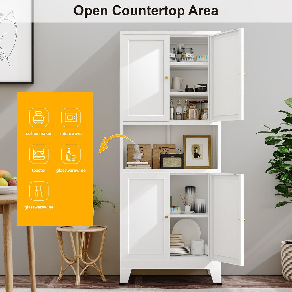 69" Tall Metal Kitchen Pantry Cabinet With Microwave Shelf, 4 Doors & 3 Adjustable Shelves, Heavy Duty Food Storage Cabinet With Anti-Tip Design For Kitchen,Dining Room (1Pc,White)