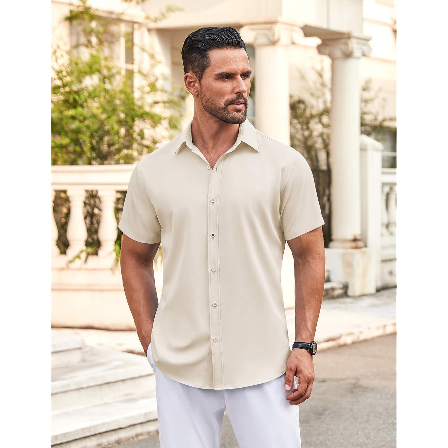 Coofandy Men'S Button Down Shirt Short Sleeve Dress Shirt Casual Beach Summer Wedding Shirt