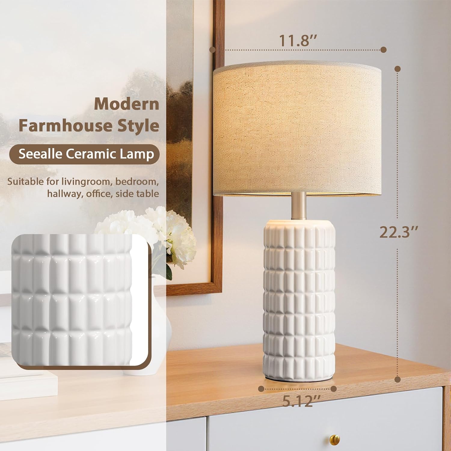 23" Modern Ceramic Table Lamps Set Of 2 - Table Lamps For Living Room, Farmhouse Bedside Night Stands Lamp For Bedroom, White Nightstand Lamps Set Of 2, Desk Lamp For End Table Home Decor