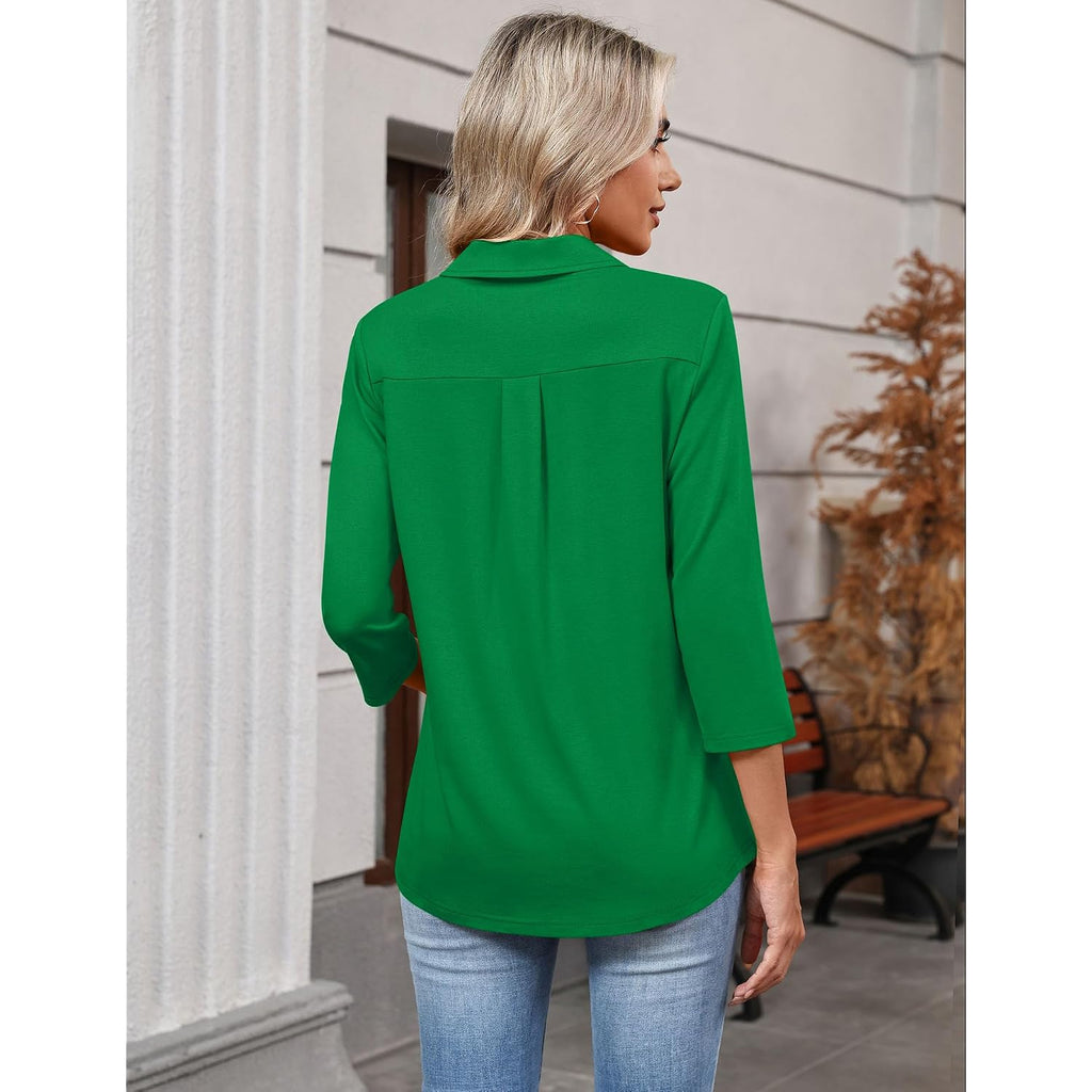 Lomon 3/4 Length Sleeve Womens Tops 2026 Spring Summer Collared Polo Shirts V Neck Casual Basic Polos Tees Shirt