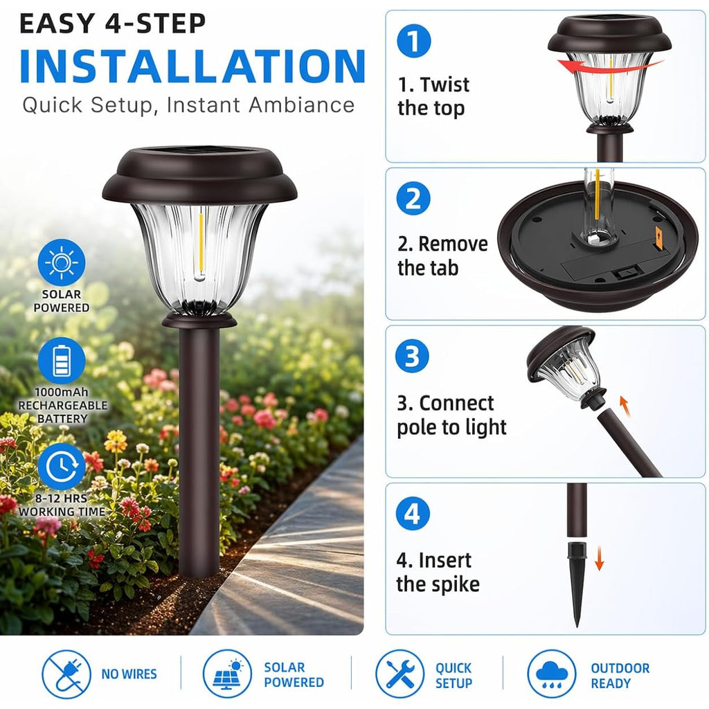 8 Pack Solar Lights Outdoor, Stainless Steel Glass Solar Pathway Lights, Auto On/Off Long-Lasting Waterproof Garden Lights For Landscape, Path, Yard, Driveway, Walkway Decor (Warm White)