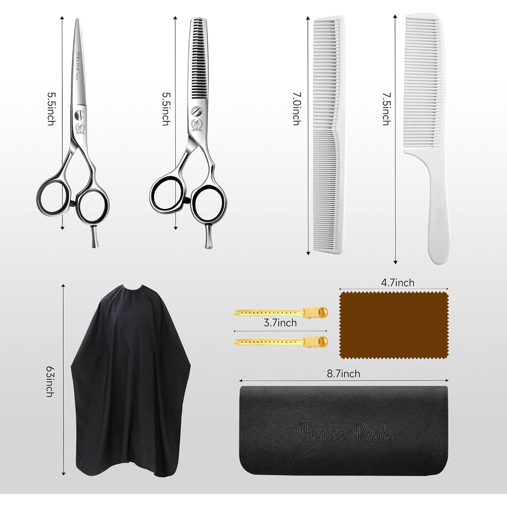 5.5'' Hair Cutting Scissors Set, Professional 440C Stainless Steel Barber Shears Kit With Cutting & Thinning Scissors, 9 Pcs Hairdressing Tools For Men Women Salon Home Use