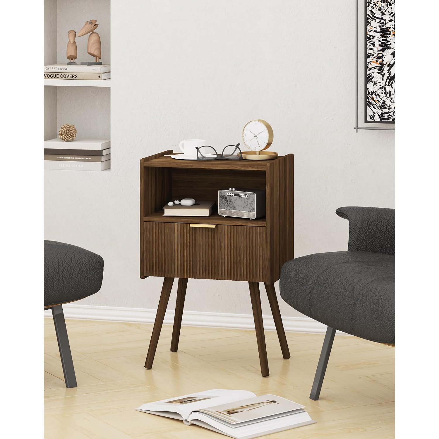 Nightstand,Modern Bedside Table With Storage Drawer And Open Wood Shelf, For Living Room, Bedroom And Small Spaces, Accent Night Stand With Solid Wood Legs, Easy Assembly,Walnut Brown