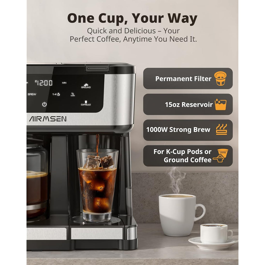 Airmsen 12-Cup Programmable Dual Coffee Maker – Single Serve Machine For K-Cup Pods & Ground, 1000W Fast Brew, Delay Start, 2H Keep Warm, Touchscreen, 60Oz Tank, Glass Carafe – Home & Office