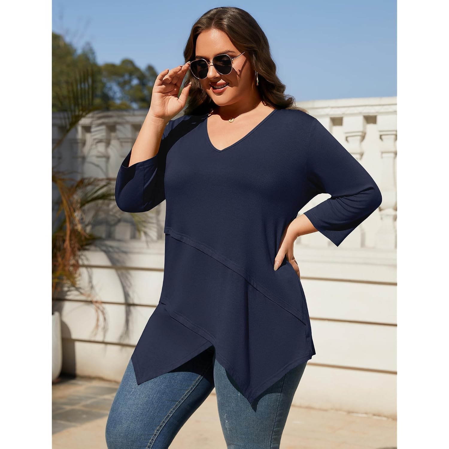 Plus Size Tops for Women 3/4 Sleeve Shirts V Neck T Shirt Spring Summer Blouses 1X-5X
