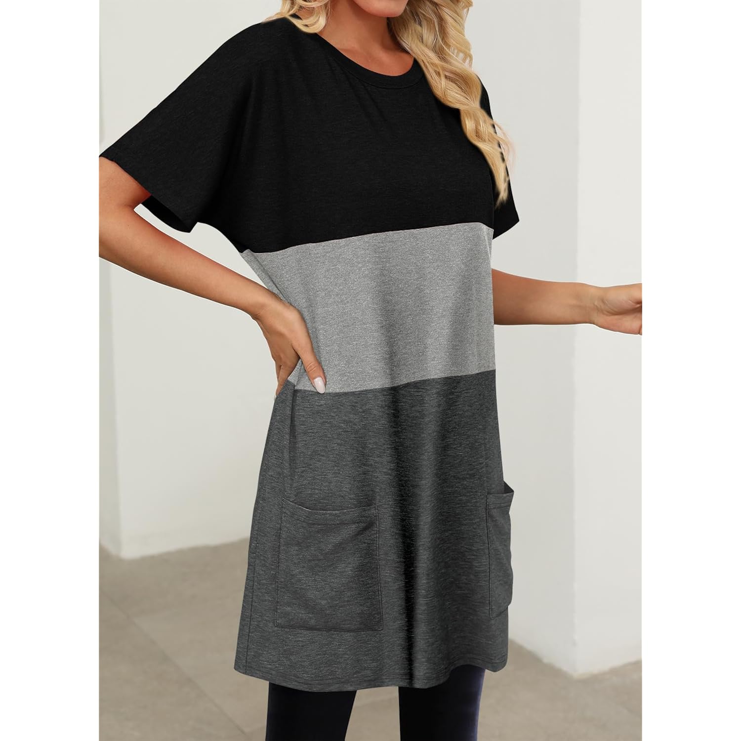 Womens Summer Tunic Tops for Leggings Casual Short Sleeve Long Shirts with Pockets