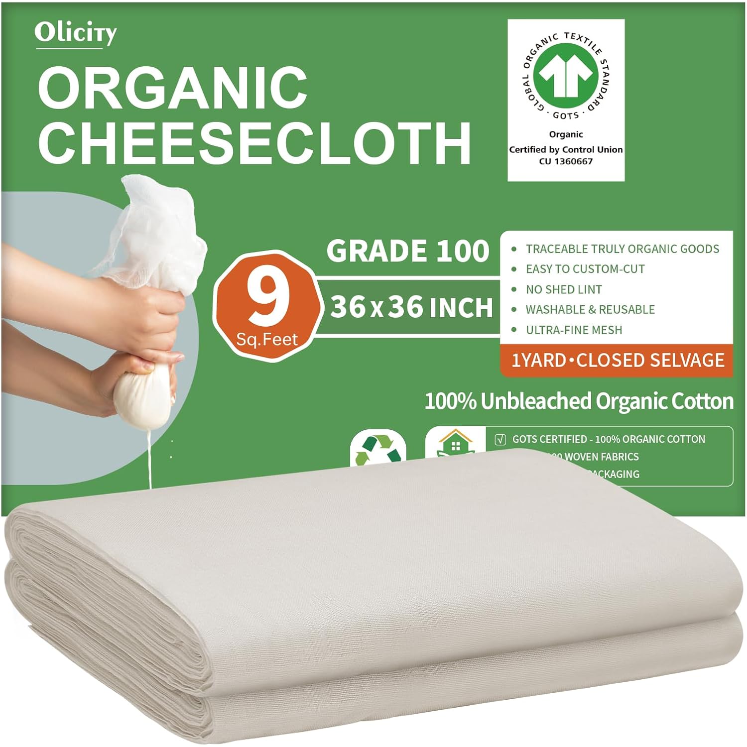 Organic Cheese Cloths, Gots Certified, Grade 100, 36X36Inch, Reusable Cheese Cloth With Closed Edges Fabric Fine Mesh Cloth, Unbleached Cotton Muslin Cheesecloth For Straining,Cooking,Crafts - 9 Sq.Ft