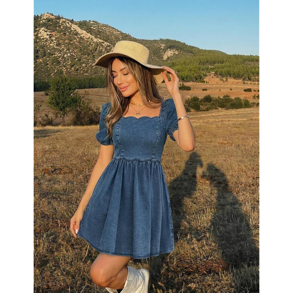 Denim Dress Babydoll Jean Square Neck Puff Sleeve Casual Country Concert Dresses With Pockets For Women 2026