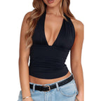 Lcnba Women'S Sexy Backless Tie Up Halter Crop Top Deep V Neck Going Out Tops