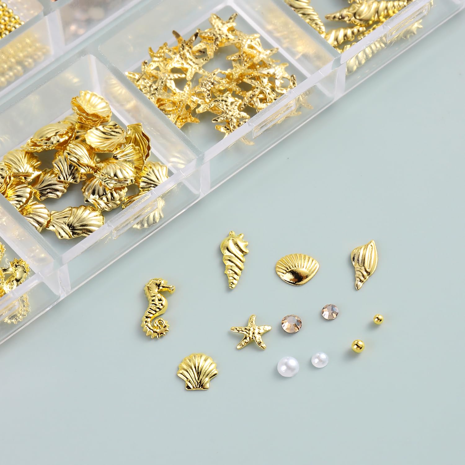 Summer Nail Charms, 3D Beach Nail Charms Metal Starfish Seashell Tropical Ocean Nail Art Decorations, Gold Beads and Pearls Rhinestones with Tweezers for Manicure, concha nacar para uñas